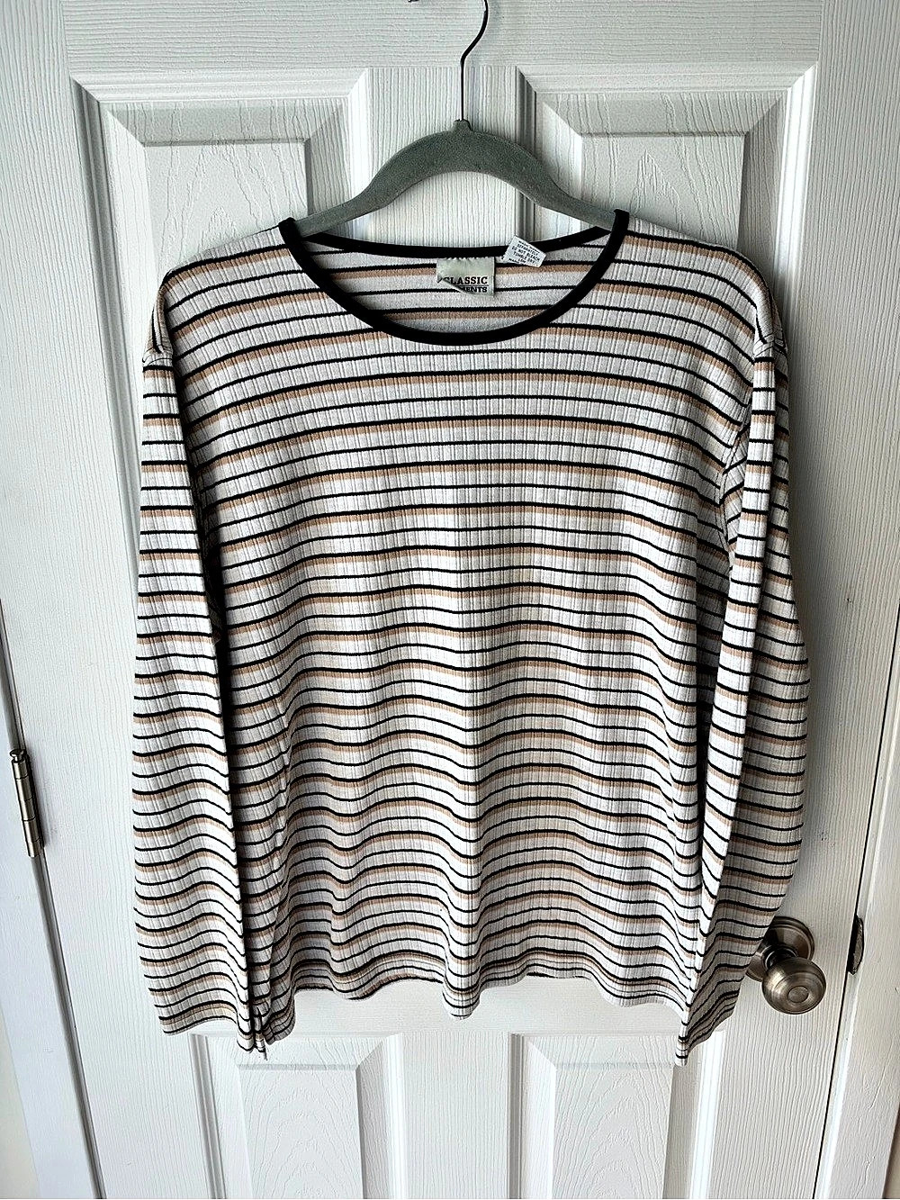Vintage Sporty Classic Elements Striped Long Sleeve Top White, Black, and Beige